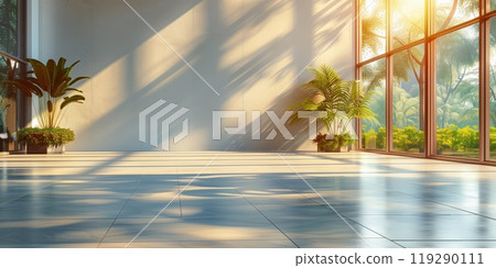 Sunlit modern interior with large windows, indoor plants, and  soft natural shadows creating a serene atmosphere 119290111