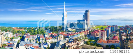 Aerial panoramic image of beautiful Batumi in Georgia made with drone in sunny summer weather. Aerial panoramic image of beautiful Batumi in Georgia made with drone in sunny summer weather. 119290121