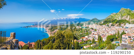 Aerial panoramic view of Taormina located in Metropolitan City of Messina, on east coast of Sicily island, Italy. Aerial panoramic view of Taormina located in Metropolitan City of Messina, on east coast of Sicily island, Italy. 119290150