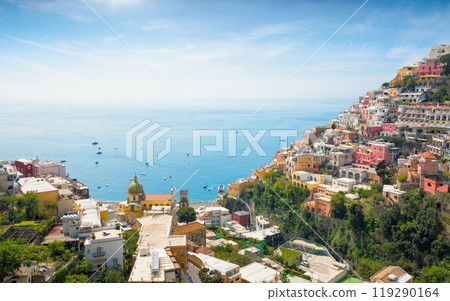 Beautiful Positano on hills leading down to coast and azure sea, Italy 119290164