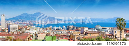 Panoramic view of Naples, Italy. Castel Nuovo and Galleria Umberto I towering over roofs of neighboring houses of Naples. 119290170