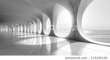 Futuristic interior with large arched windows overlooking the sea, featuring curved  concrete architecture and soft natural light 119290180