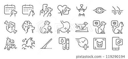 Pet hospital icon set. It included Veterinarian, Vet , clinic, services, exotic pet, and more icons. Editable Vector Stroke. 119290194