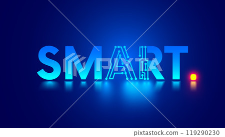 Word Smart with letters AI in pcb electronic style. Text SMART on blue. Artificial intelligence abbreviation in vector word SMART. 119290230