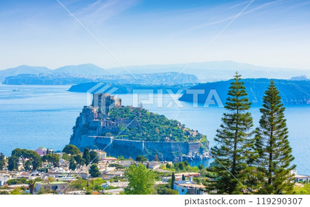 Aerial panoramic view of Aragonese Castle, most popular landmark and travel destination located in Tyrrhenian sea near Ischia island, Italy. 119290307