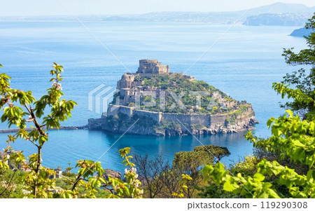 Aerial panoramic view of Aragonese Castle, most popular landmark and travel destination located in Tyrrhenian sea near Ischia island, Italy. 119290308