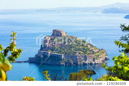 Aerial view of Aragonese Castle, most popular landmark and travel destination located in Tyrrhenian sea near Ischia island, Italy. 119290309