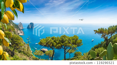 Panoramic image with famous Faraglioni Rocks, most visited travel attraction near Capri Island, Italy. Panoramic image with famous Faraglioni Rocks, most visited travel attraction near Capri Island, Italy. 119290321