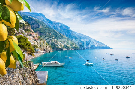Beautiful Positano with comfortable beaches and blue sea on Amalfi Coast in Campania, Italy. 119290344