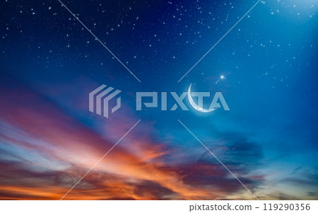 Ramadan background with crescent, stars and glowing clouds with ray from skies. Month of Ramadan is that in which was revealed Quran. Ramadan background with crescent, stars and glowing clouds with ray from skies. Month of Ramadan is that in which was revealed Quran. 119290356
