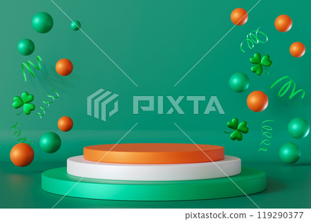 St. Patricks Day-themed scene featuring green, white, and orange podium with floating shamrocks and ribbons. Vibrant green background offers ample copy space, ideal for product display, promotion. 3D. 119290377