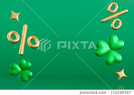 St. Patrick's Day-themed scene featuring green shamrocks, golden percentage signs and stars on green background. Ample copy space, ideal for product promotion or holiday messaging. 3D render. St. Patrick's Day-themed scene featuring green shamrocks, golden percentage signs and stars on green background. Ample copy space, ideal for product promotion or holiday messaging. 3D render. 119290387