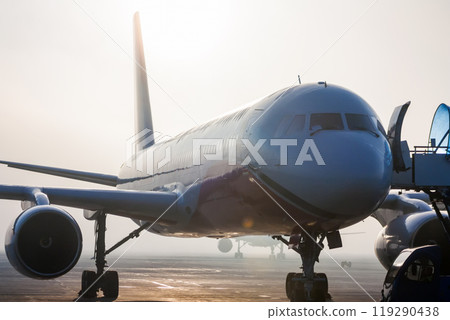 Passenger airplanes in the fog on the airport 119290438