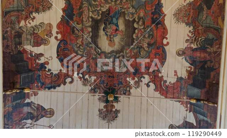 Walking inside a church with stunning ceiling drawings and chandelier Walking inside a church with stunning ceiling drawings and chandelier 119290449