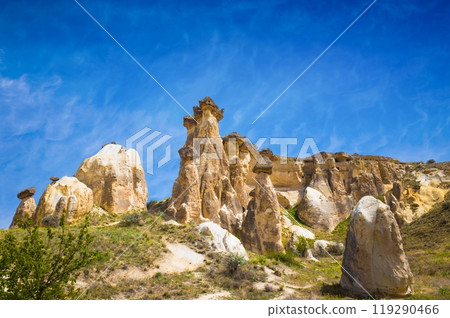 Rocks looks like mushrooms near Cavusin, Cappadocia, Turkey. 119290466