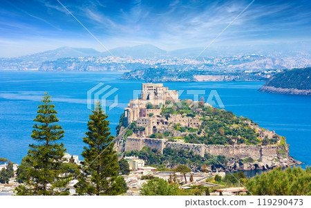 Aerial view of Aragonese Castle, most popular landmark and travel destination located in Tyrrhenian sea near Ischia island, Italy. 119290473