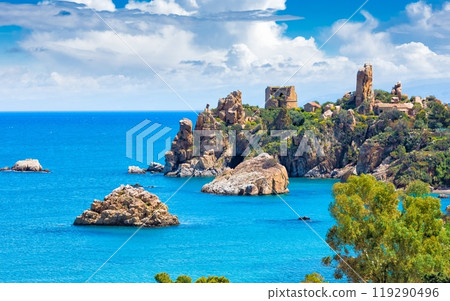 Caldura Tower on Cape Caldura near Cefalu, Sicily, Italy. 119290496