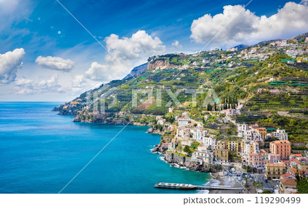 Blue sea and marina in Minori, attractive seaside town at Amalfi Coast, in Campania region of Italy. 119290499
