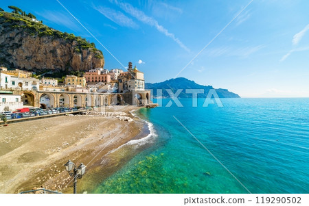 Deserted beach of small town Atrani on Amalfi Coast in province of Salerno, Campania region, Italy. Amalfi coast is popular travel and holyday destination in Italy. Deserted beach of small town Atrani on Amalfi Coast in province of Salerno, Campania region, Italy. Amalfi coast is popular travel and holyday destination in Italy. 119290502