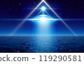 UFO or flying saucer with bright spotlight fly above sea, alien civilization spaceship in night sky with bright stars. 119290581