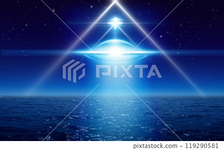 UFO or flying saucer with bright spotlight fly above sea, alien civilization spaceship in night sky with bright stars. 119290581