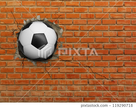 Soccer Ball Breaks Through Wall, Strong Sports Concept. Soccer Ball Breaks Through Wall, Strong Sports Concept. 119290718