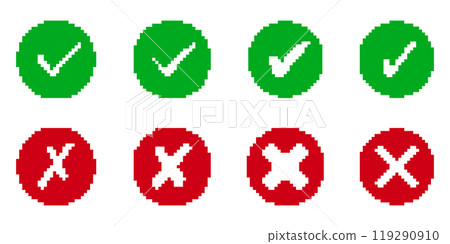 Circular Green Checkmark and Red Cross Pixel Icon Set. Retro Pixelated Round Symbols for Correct and Incorrect Actions. Isolated Vector Illustration 119290910