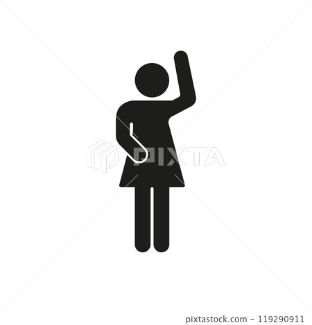 Female Human Figure Waving Hand Silhouette Icon. Stick Figure with Greeting Gesture Glyph Symbol. Woman Person in Waving Pose. Isolated Vector Illustration 119290911