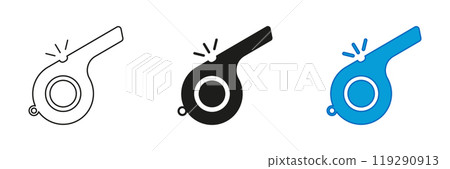 Whistle Line and Silhouette Icon for Referee or Sports Equipment. Referee Sport Tool Color Symbol. Editable Stroke. Isolated Vector Illustration 119290913