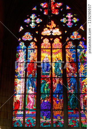 Stained glass in St. Vitus Cathedral in Prague, Czech Republic Stained glass in St. Vitus Cathedral in Prague, Czech Republic 119290937