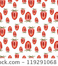 Watercolor pattern with strawberries, sliced strawberries, berries. Pattern with summer berries for wrapping paper, wallpaper, packaging design 119291068