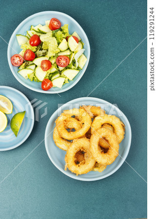 Battered squid rings,seafood. Battered squid rings,seafood. 119291244