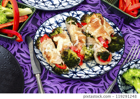Meat rolls with broccoli and pepper. Meat rolls with broccoli and pepper. 119291248