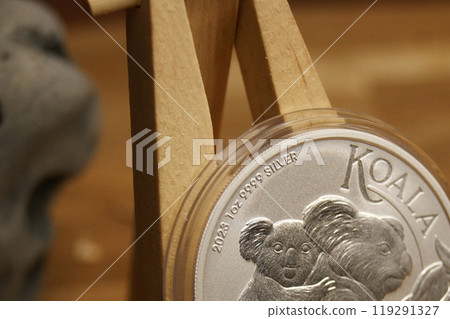 Fragment of an Australian silver coin.1 Dollar Australian koala 2023. Fragment of an Australian silver coin.1 Dollar Australian koala 2023. 119291327