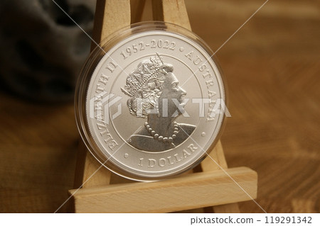 Silver commemorative coin of Elizabeth II 1952-2022. Australian 1 Dollar. Silver commemorative coin of Elizabeth II 1952-2022. Australian 1 Dollar. 119291342