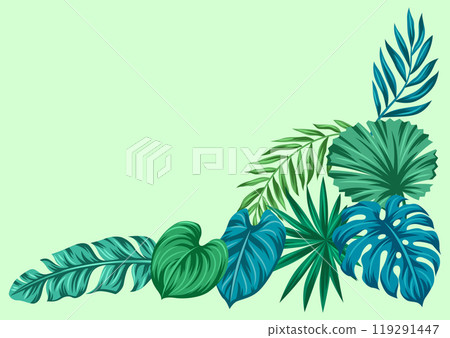 Background with palm leaves. Decorative image of tropical foliage and plants. Background with palm leaves. Decorative image of tropical foliage and plants. 119291447