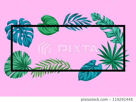 Frame with stylized palm leaves. Decorative image of tropical foliage and plants. 119291448