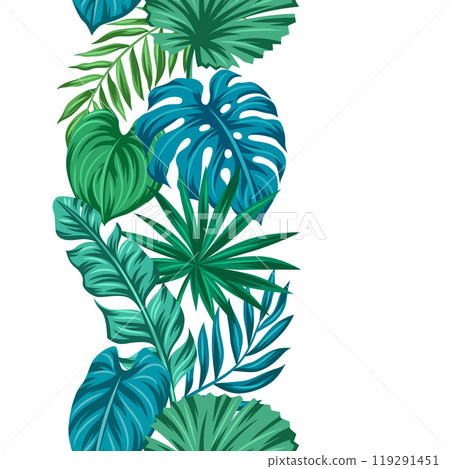 Pattern with stylized palm leaves. Decorative image of tropical foliage and plants. Pattern with stylized palm leaves. Decorative image of tropical foliage and plants. 119291451