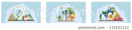 Sustainability concept. A series of images depicting eco-friendly living including renewable energy, sustainable architecture, and organic farming. Ideal for green energy, eco-friendly homes, organic Sustainability concept. A series of images depicting eco-friendly living including renewable energy, sustainable architecture, and organic farming. Ideal for green energy, eco-friendly homes, organic 119291512