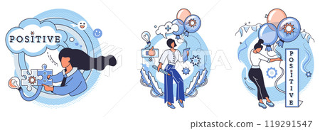 Positive thinking. Three scenes with individuals engaging in activities that promote mental wellness and positive thoughts. Ideal for mental health, motivation, self-improvement, relaxation 119291547