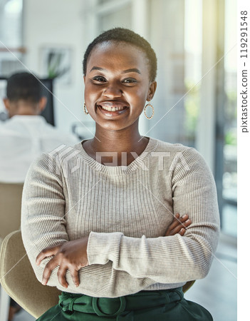 Portrait, business and black woman with arms crossed, smile and happiness in modern office. African person, face or employee with confidence, pride and startup with career ambition or creative agency 119291548
