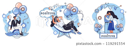 Positive thinking. People engage in uplifting activities such as relaxation, companionship and celebration. Ideal for mental well-being, motivation, self-care, relationships, happiness. Pastel pop 119291554