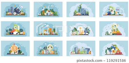 Sustainability concept. Multiple scenes of city life and nature integration showing green buildings, urban farming, renewable energy, eco-friendly transportation, and recycling. Ideal for urban 119291586