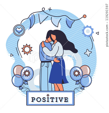 Positive thinking. A couple shares a warm embrace against a backdrop of balloons, love icons, and festive decorations. Ideal for themes of love, positivity, relationships, celebration, and happiness 119291597