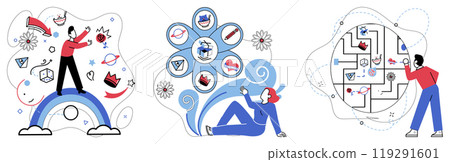 Innovative concepts vector illustration. Intelligence evolves through collaborative effort innovative concepts Explore landscape opportunity innovative concepts light way Progress unfolds 119291601