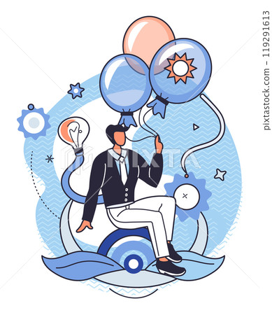 Positive thinking. A man in a business suit holds balloons, representing creativity and innovation. Ideal for topics like motivation, imagination, growth, business strategy, and inspiration. Soft 119291613