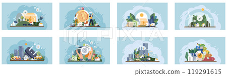 Sustainability concept. Eco-houses solar panels wind turbines green architecture recycling renewable resources environmental conservation. Ideal for eco-living clean energy urban innovation 119291615