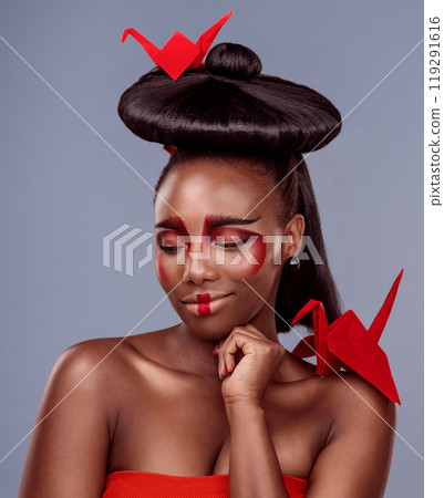 Traditional, makeup and origami with black woman on gray background for creative, cosmetics and aesthetic. Beauty, paper design and female model for glamour, art and confidence in studio 119291616