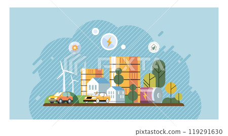 Sustainability concept. A vibrant cityscape with wind turbines, solar panels, electric cars, greenery, and eco-friendly buildings. Ideal for urban planning, renewable energy, eco-friendly transport Sustainability concept. A vibrant cityscape with wind turbines, solar panels, electric cars, greenery, and eco-friendly buildings. Ideal for urban planning, renewable energy, eco-friendly transport 119291630