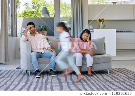 Parents, children and motion blur with stress in home for adhd or hyper, tired or burnout. Mexican family, kids and running in living room with energy or mental health on sofa, anxiety or playing Parents, children and motion blur with stress in home for adhd or hyper, tired or burnout. Mexican family, kids and running in living room with energy or mental health on sofa, anxiety or playing 119291633